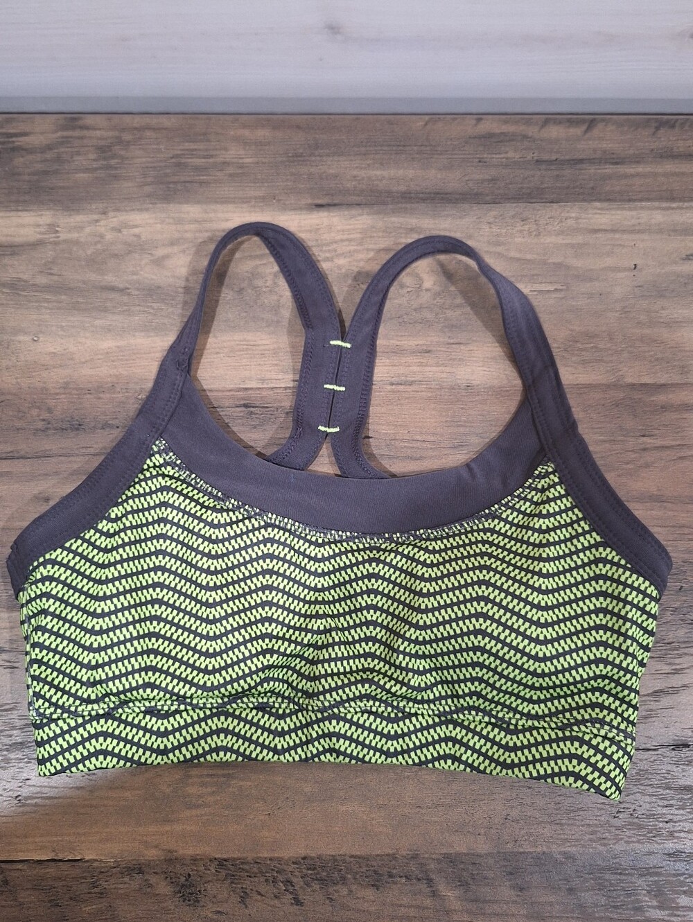Avia Gray and Lime Green Patterned Racerback Sports Bra